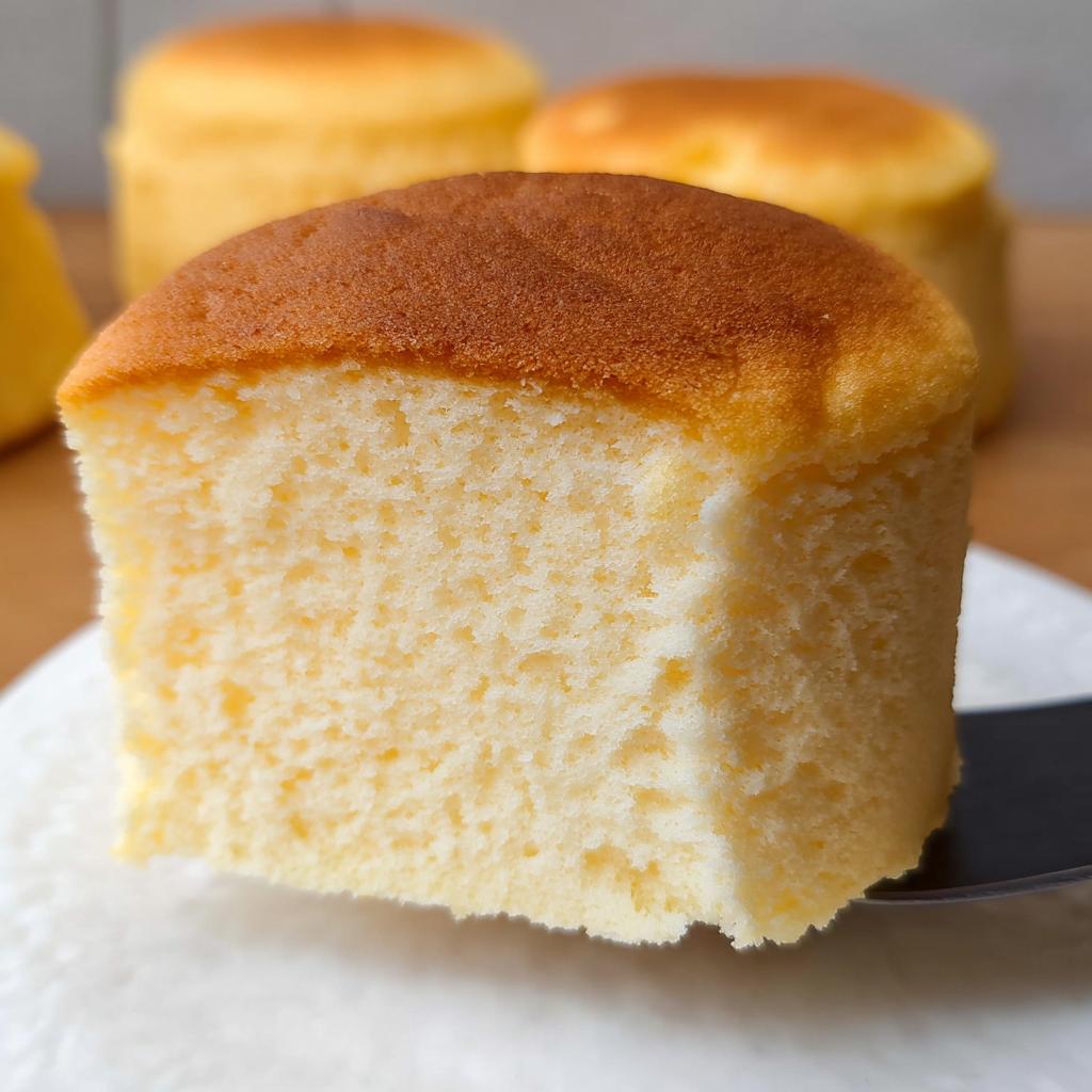 A close-up of a slice of Fluffy Japanese Cotton Cheesecake Cupcake, showing its light and airy texture.