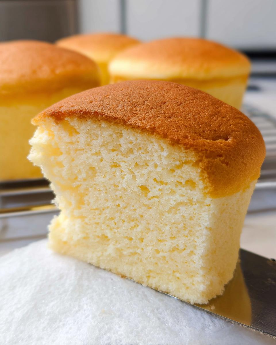 Close-up of a fluffy Japanese cotton cheesecake cupcake, showing its airy texture and golden-brown top.