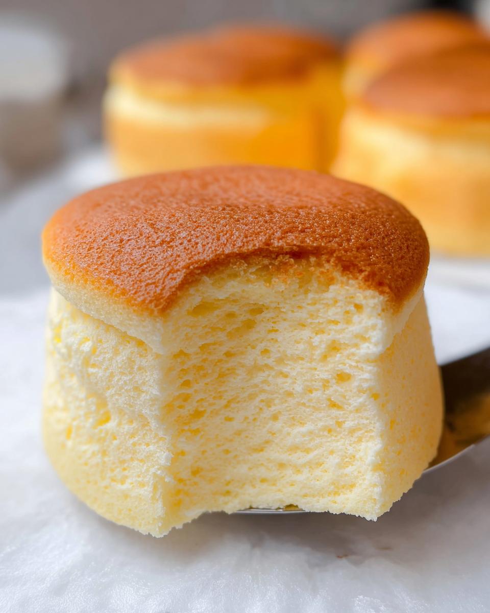 Close-up of a fluffy Japanese Cotton Cheesecake Cupcake with a bite taken out, showing its airy texture.