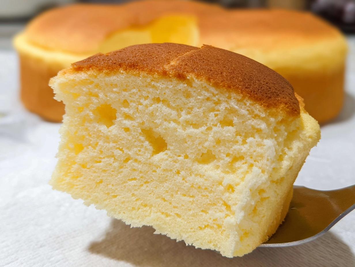 A slice of Fluffy Japanese Cotton Cheesecake Cupcakes being held up by a spoon, showing its airy texture.