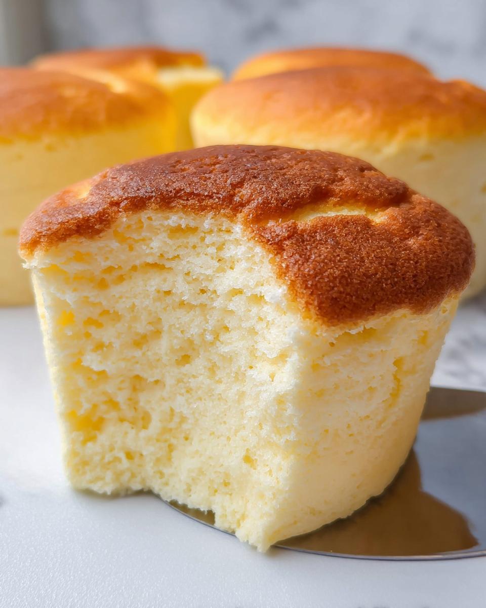 A close-up of a fluffy Japanese cotton cheesecake cupcake with a bite taken out, showing its airy texture.