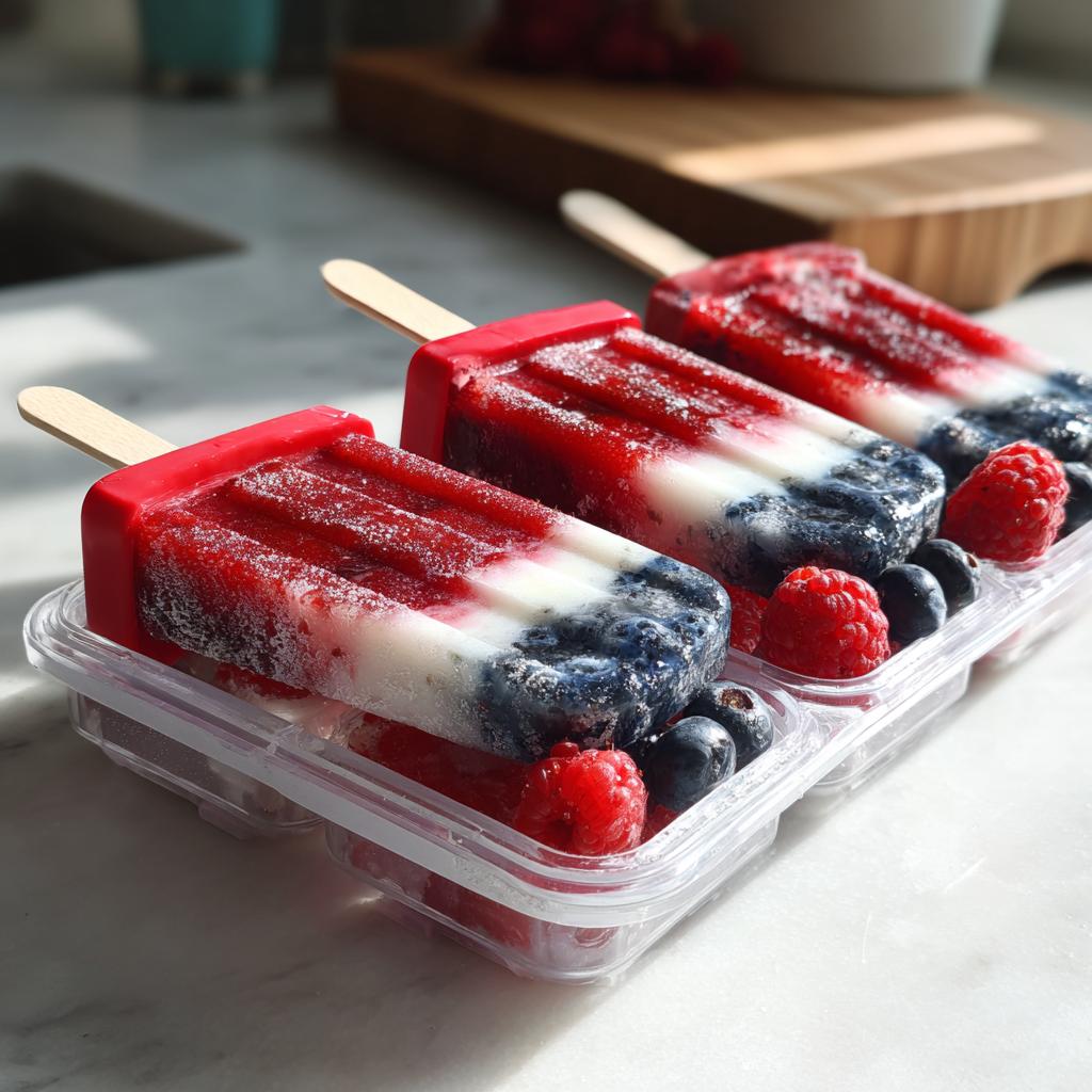 Three red, white, and blue berry popsicles arranged in a clear plastic mold, garnished with fresh raspberries and blueberries.