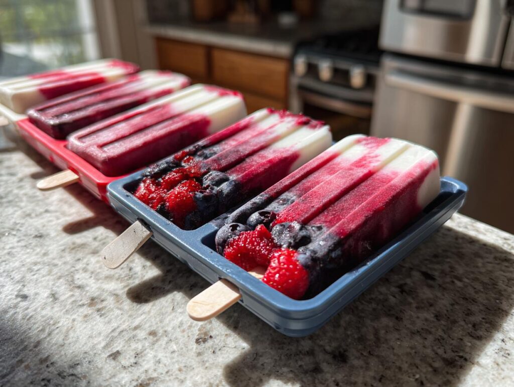 Close-up of red, white, and blue berry popsicles in molds, perfect for Fourth of July desserts.
