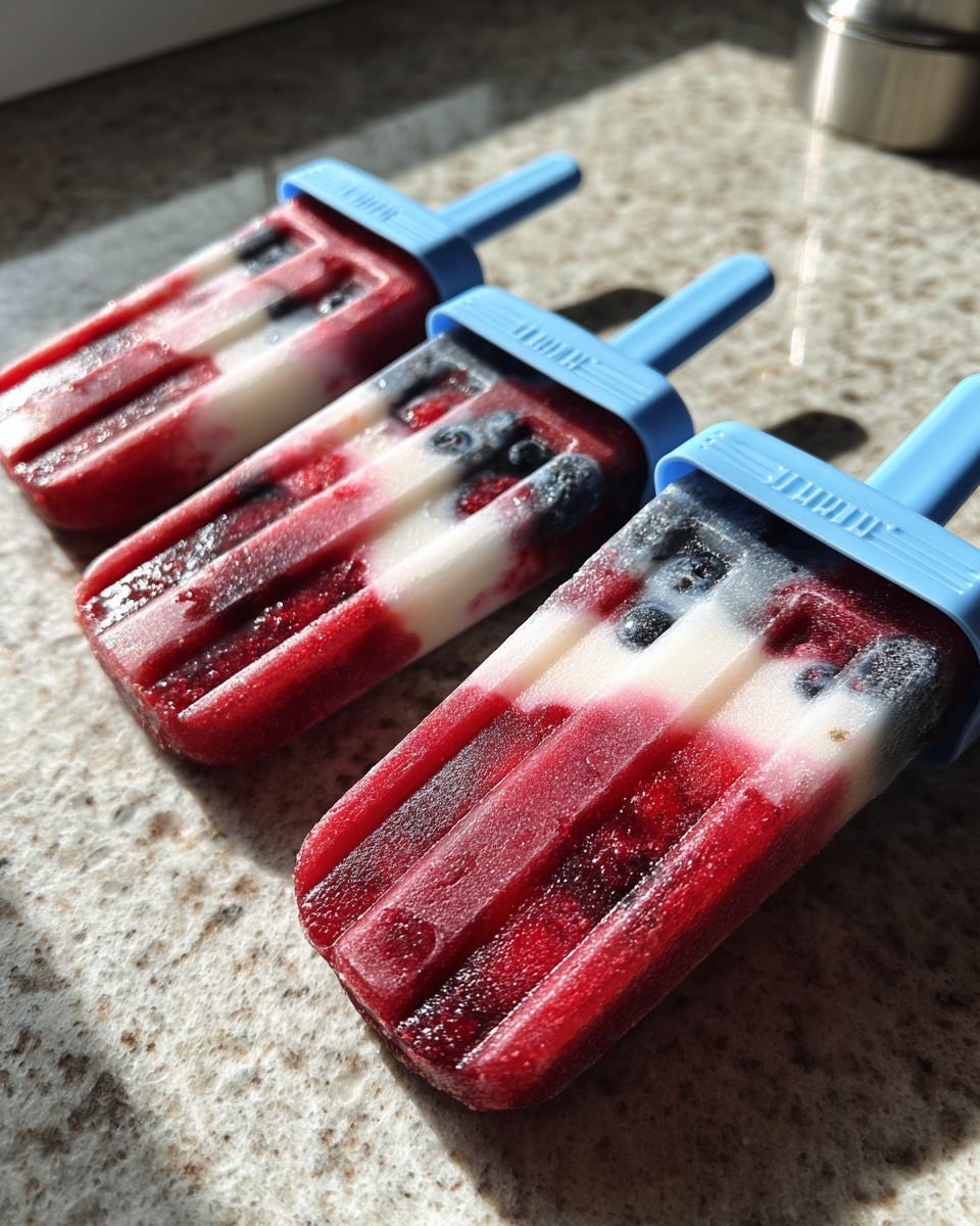 Three red, white, and blue berry popsicles with blue handles, perfect for Fourth of July desserts.