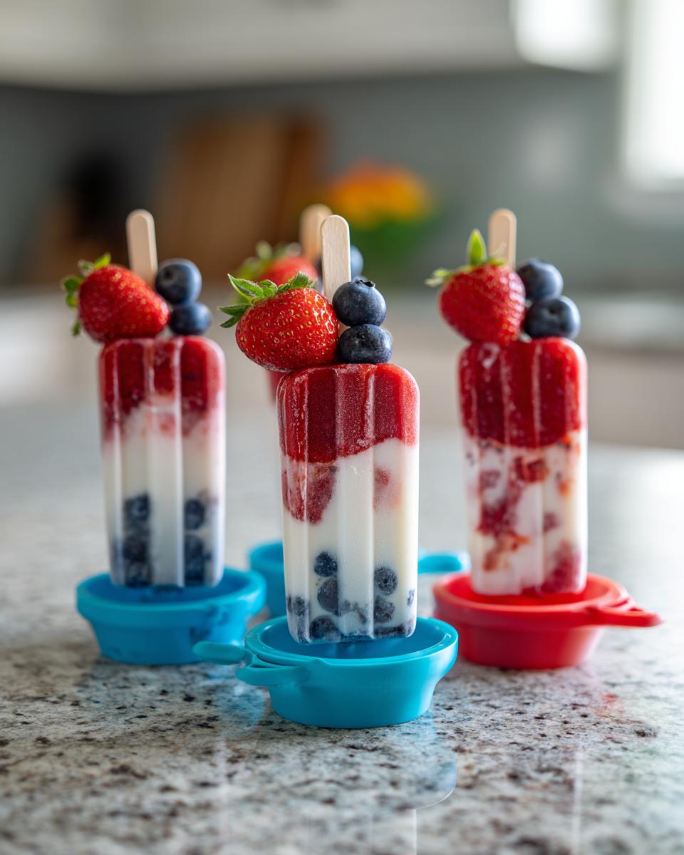 Three red, white, and blue berry popsicles topped with strawberries and blueberries, perfect for Fourth of July desserts.