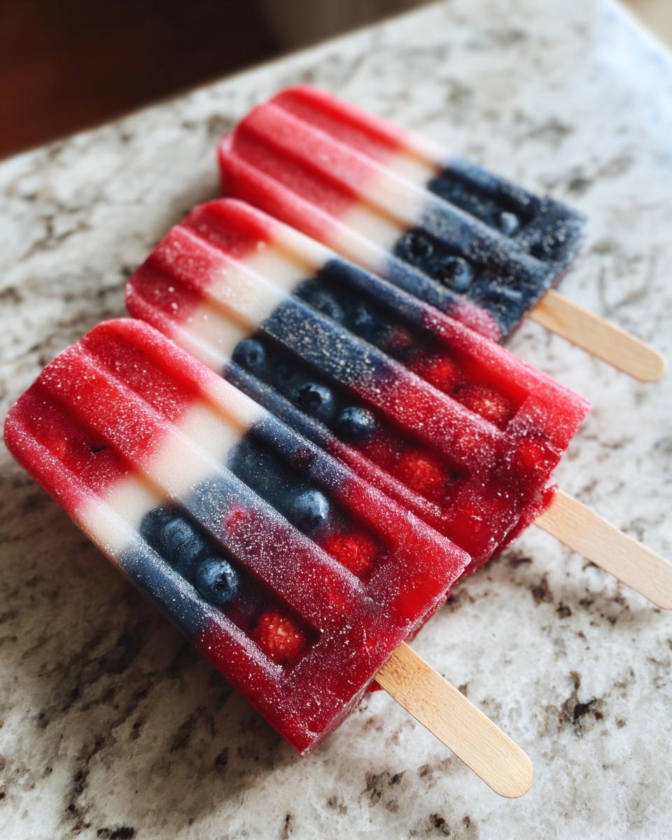Three red, white, and blue berry popsicles with whole blueberries and raspberries visible, perfect for Fourth of July Desserts.