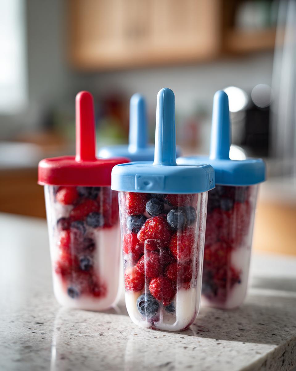 Close-up of berry popsicle molds filled with strawberries and blueberries, ready for Fourth of July desserts.