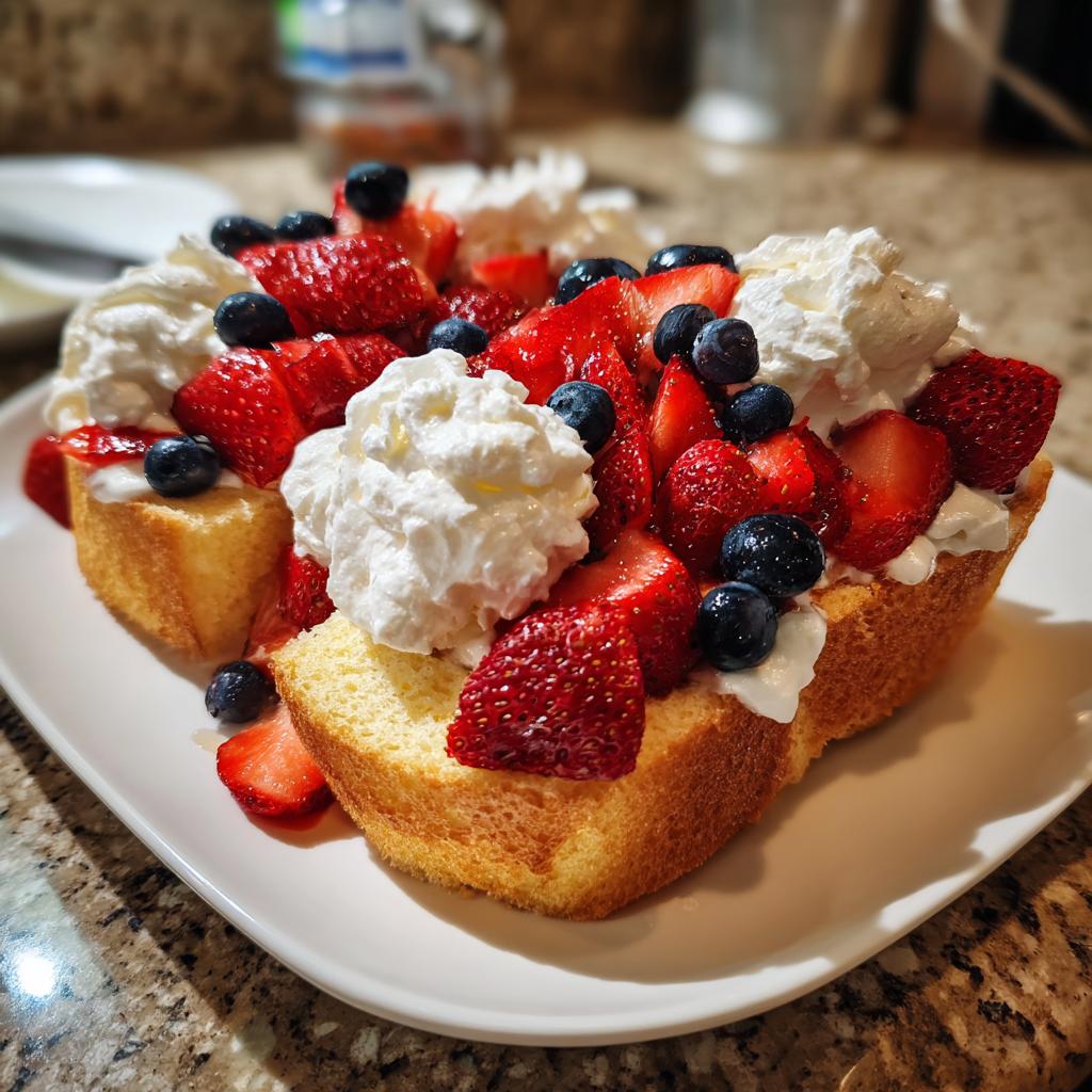 A festive Fourth of July dessert featuring pound cake topped with fresh strawberries, blueberries, and whipped cream.