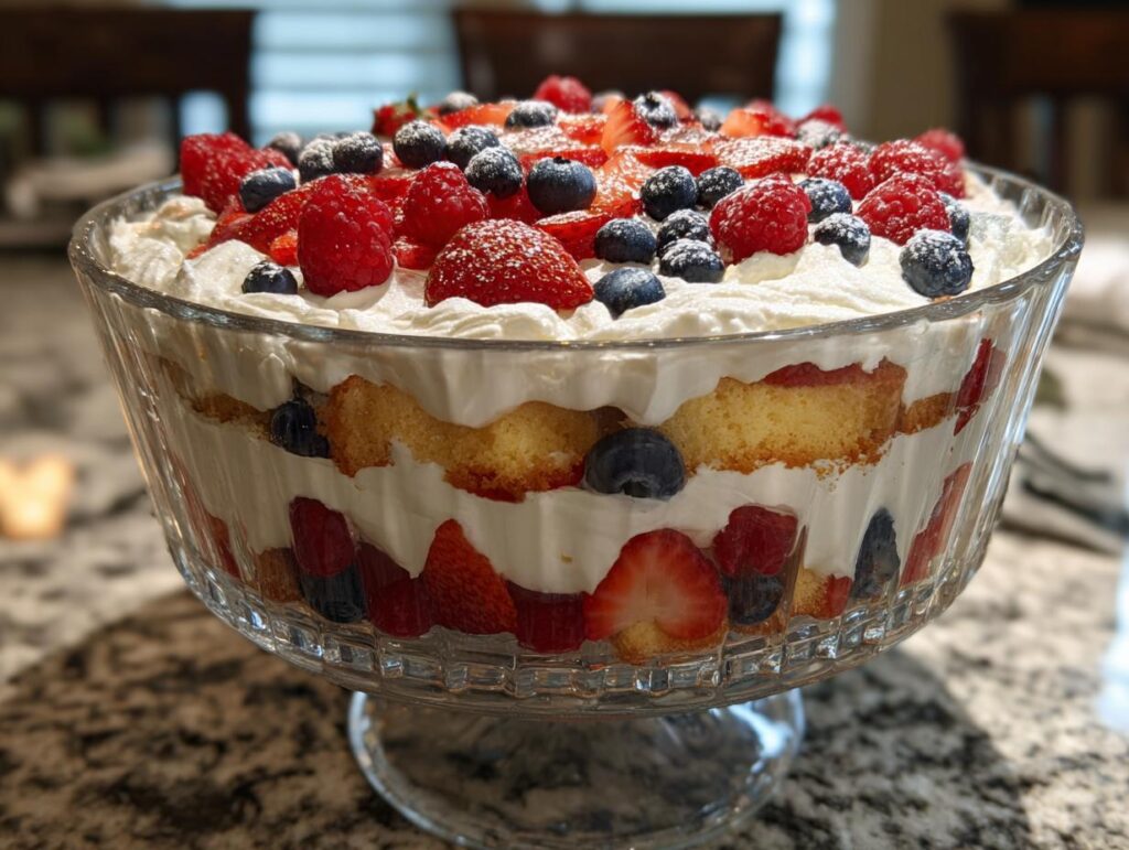 A beautiful Fourth of July dessert featuring a berry trifle with layers of cake, cream, strawberries, blueberries, and raspberries.