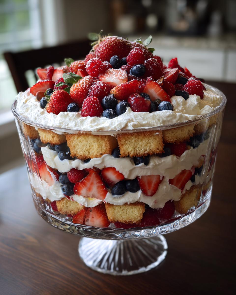 A large glass trifle bowl filled with layers of cake, whipped cream, strawberries, blueberries, and raspberries, showcasing patriotic colors for Fourth of July desserts.