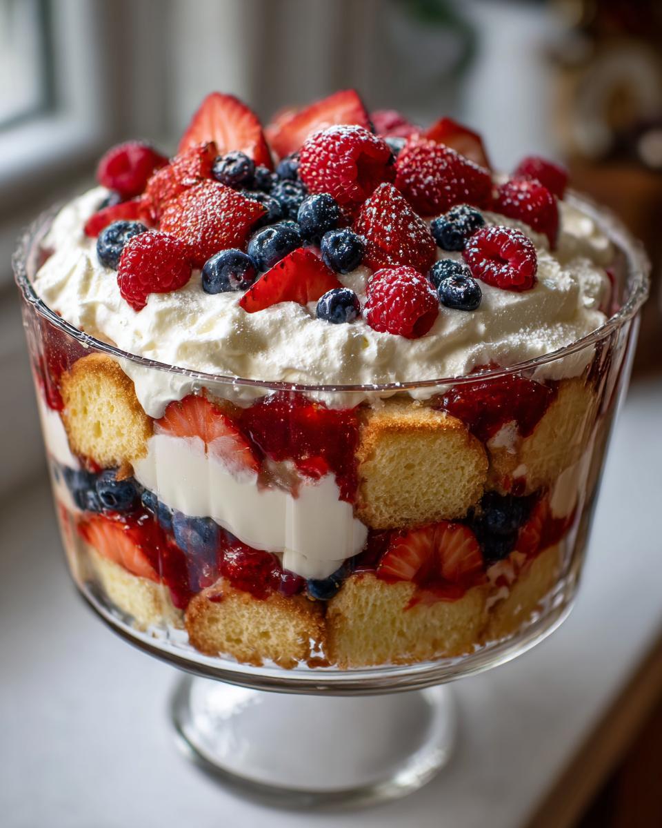 A beautiful Fourth of July dessert: a berry trifle in patriotic layers of red strawberries, blue blueberries, and white whipped cream with cake.