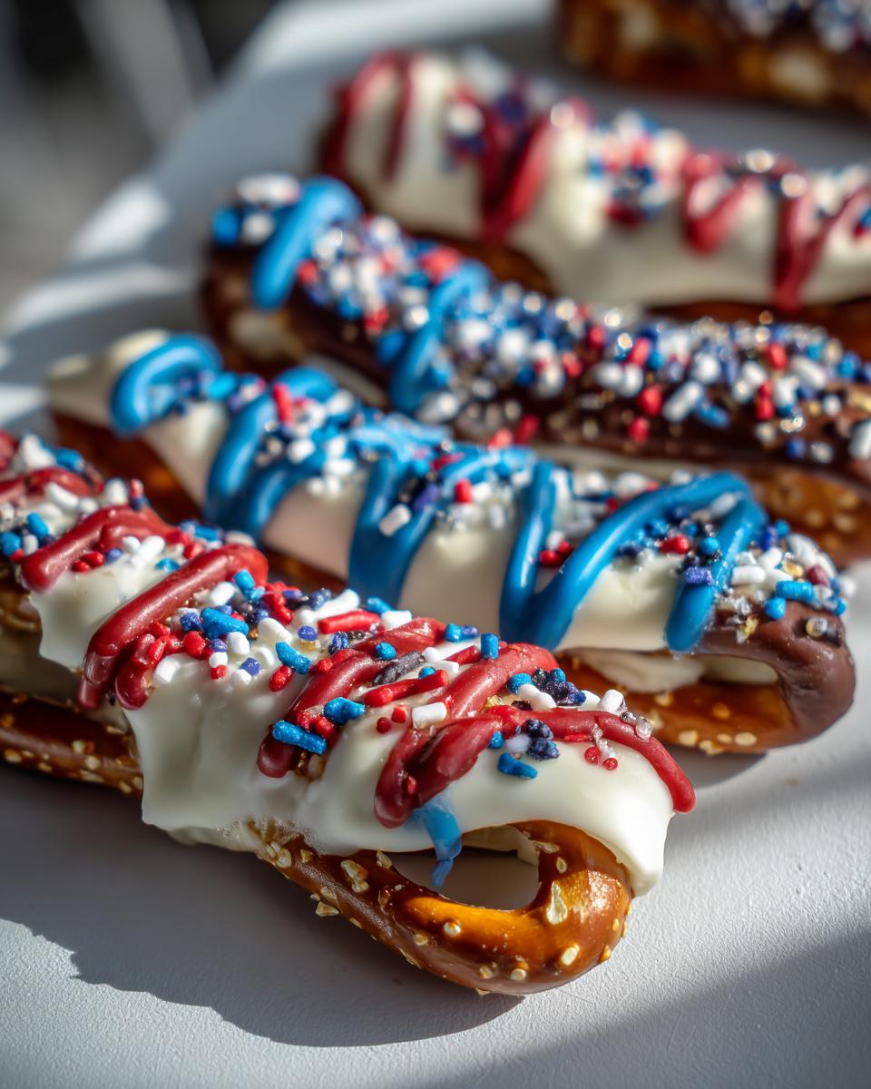 Close-up of Fourth of July desserts: chocolate-covered pretzels with red, white, and blue sprinkles and drizzles.