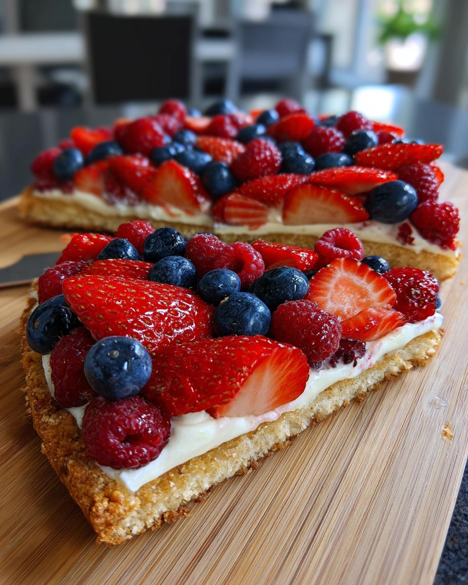 A slice of Flag Fruit Pizza on a cookie crust, topped with cream cheese frosting and fresh strawberries, blueberries, and raspberries.