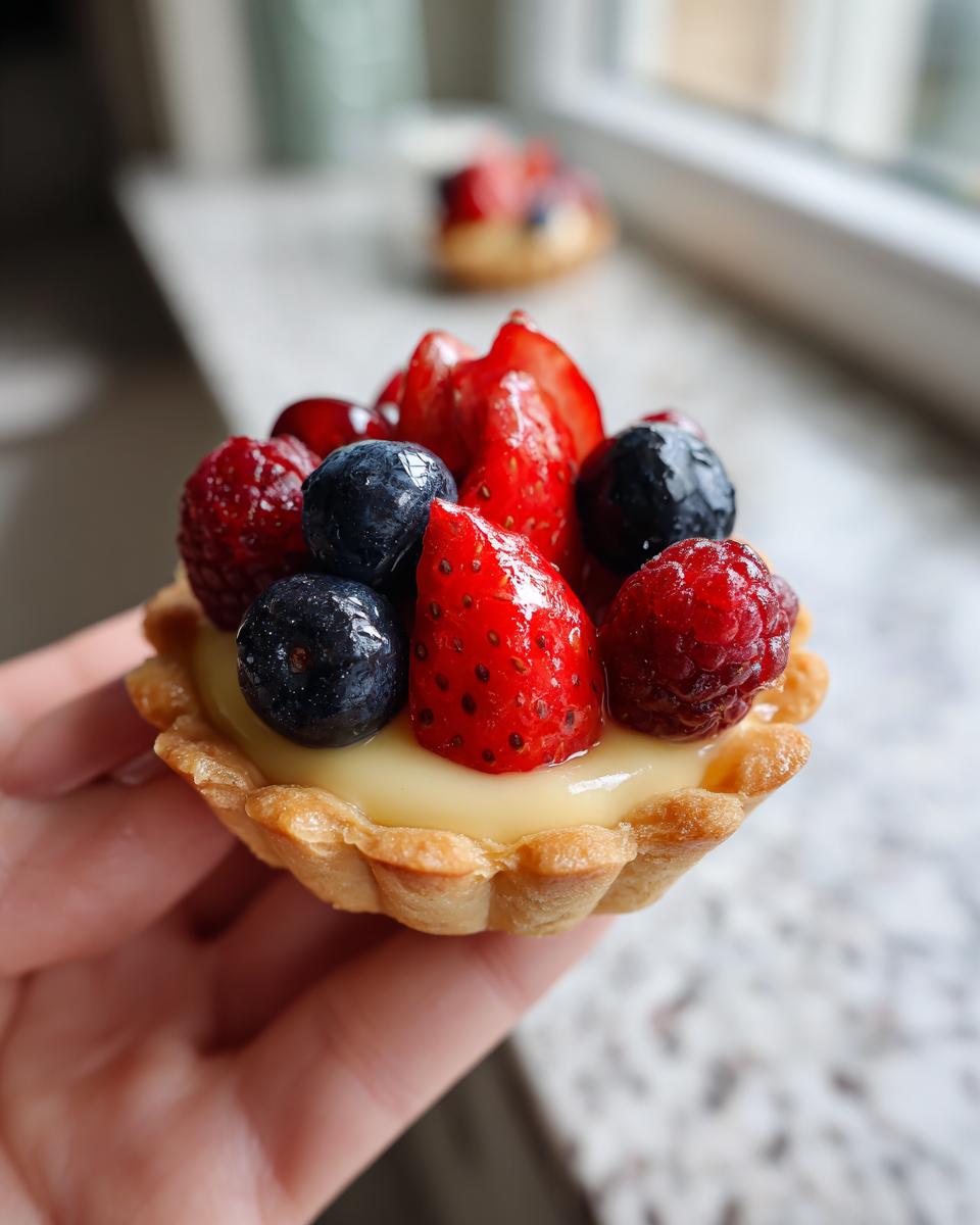 A hand holding a mini tartlet filled with cream and topped with fresh strawberries, blueberries, and raspberries, perfect for Fourth of July Desserts.