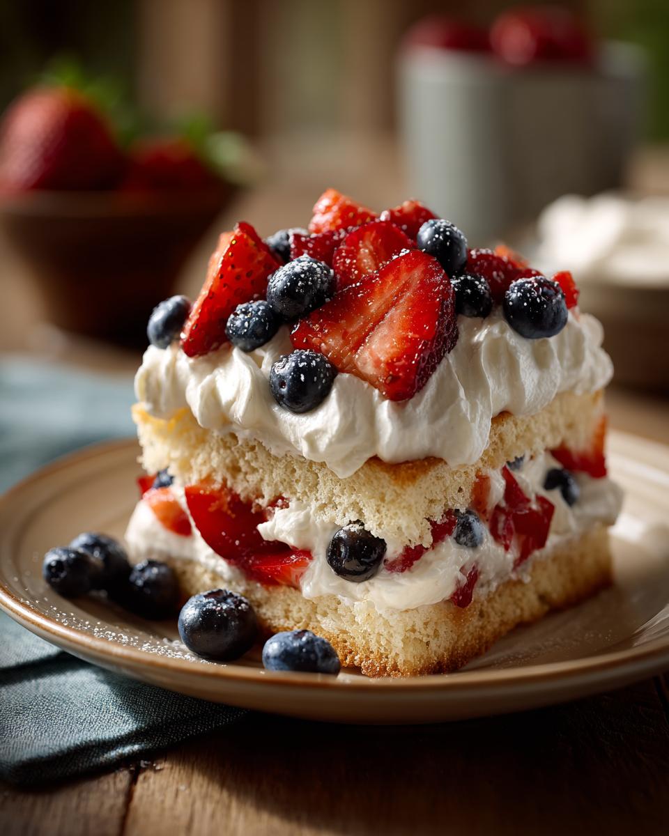 A slice of pound cake layered with whipped cream, strawberries, and blueberries, a perfect Fourth of July dessert.
