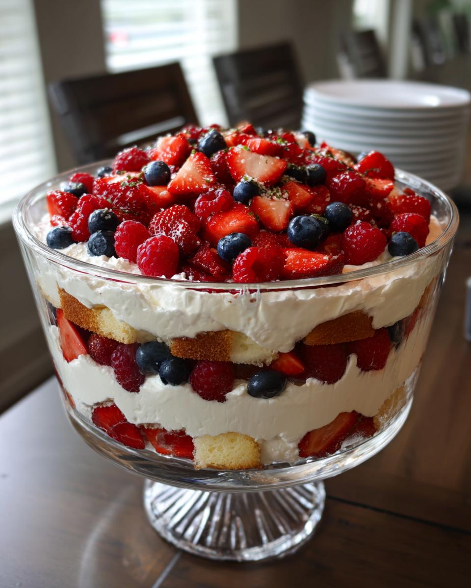 A festive Fourth of July dessert featuring a berry trifle with layers of cake, whipped cream, strawberries, blueberries, and raspberries.