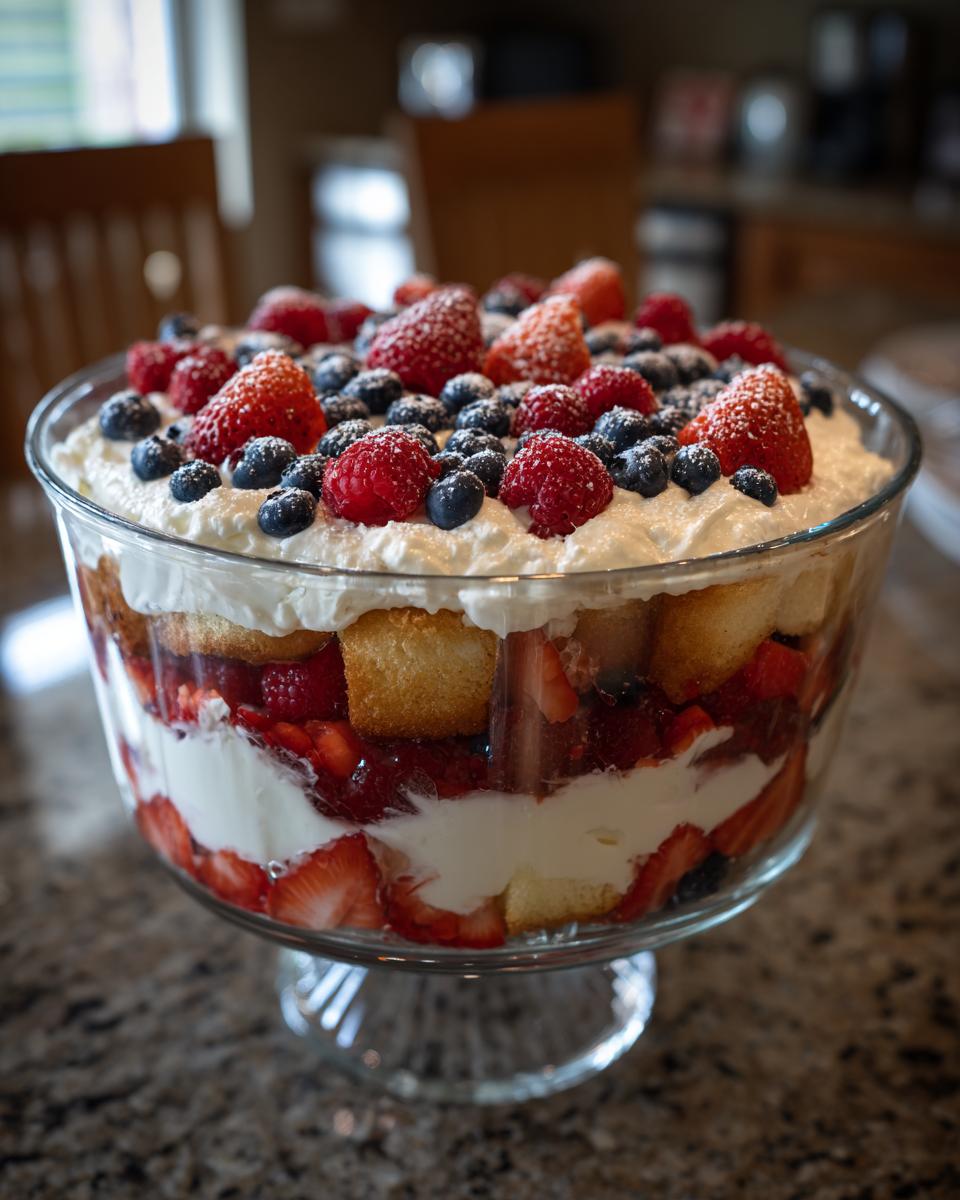 A beautiful Fourth of July dessert featuring a berry trifle with layers of cake, cream, strawberries, raspberries, and blueberries.
