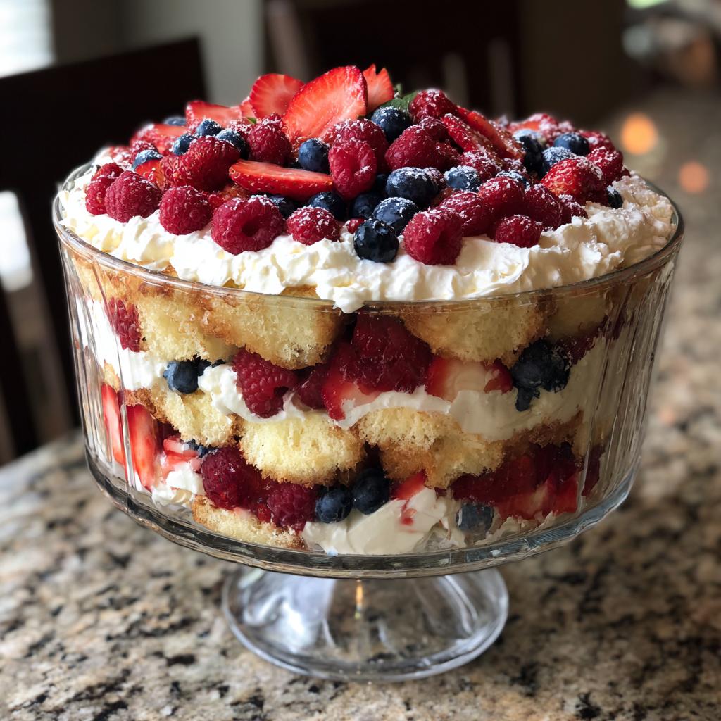 A stunning Fourth of July dessert featuring a berry trifle with layers of cake, cream, strawberries, raspberries, and blueberries.