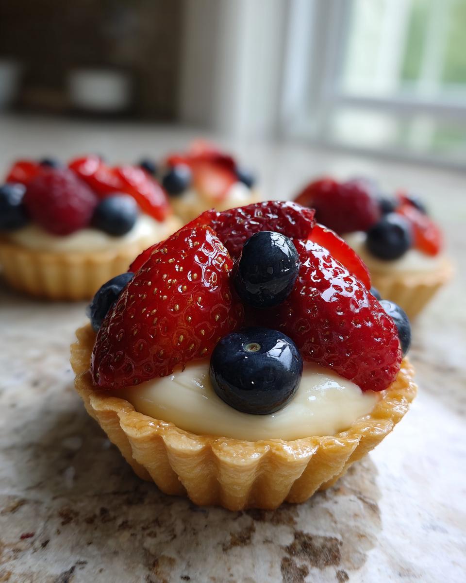 Close-up of a mini tartlet filled with cream and topped with fresh strawberries and blueberries, perfect for Fourth of July desserts.