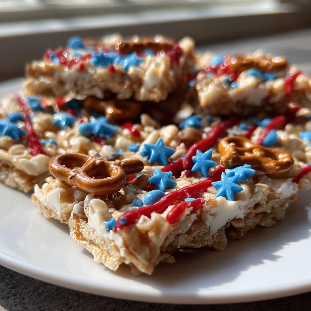 Close-up of Fourth of July dessert bark with red, white, and blue patriotic sprinkles, pretzels, and drizzled icing.