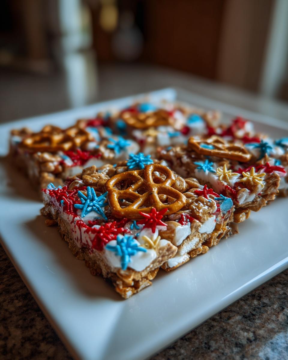 Close-up of Fourth of July Desserts: Patriotic Snack Mix Bark with pretzels, red, white, and blue sprinkles.