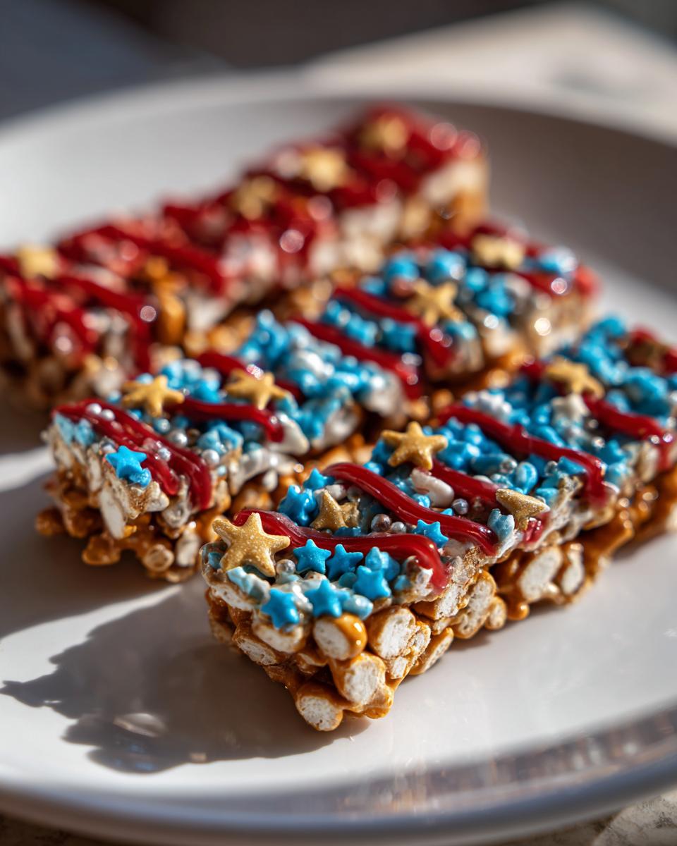 Close-up of Fourth of July Desserts: Patriotic Snack Mix Bark drizzled with red icing and topped with blue stars and gold sprinkles.