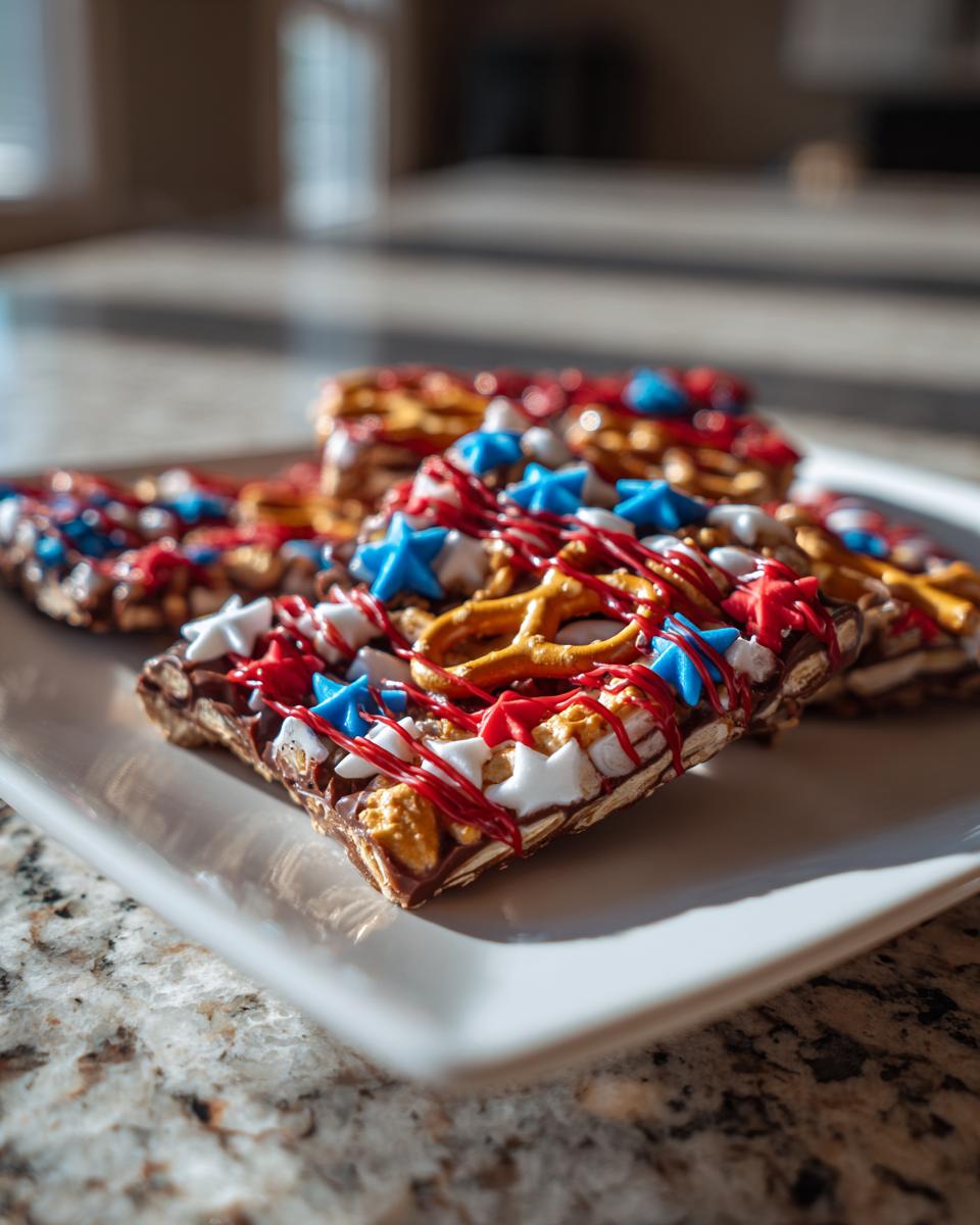 Close-up of Fourth of July Desserts: Patriotic Snack Mix Bark with red, white, and blue star sprinkles and pretzels.