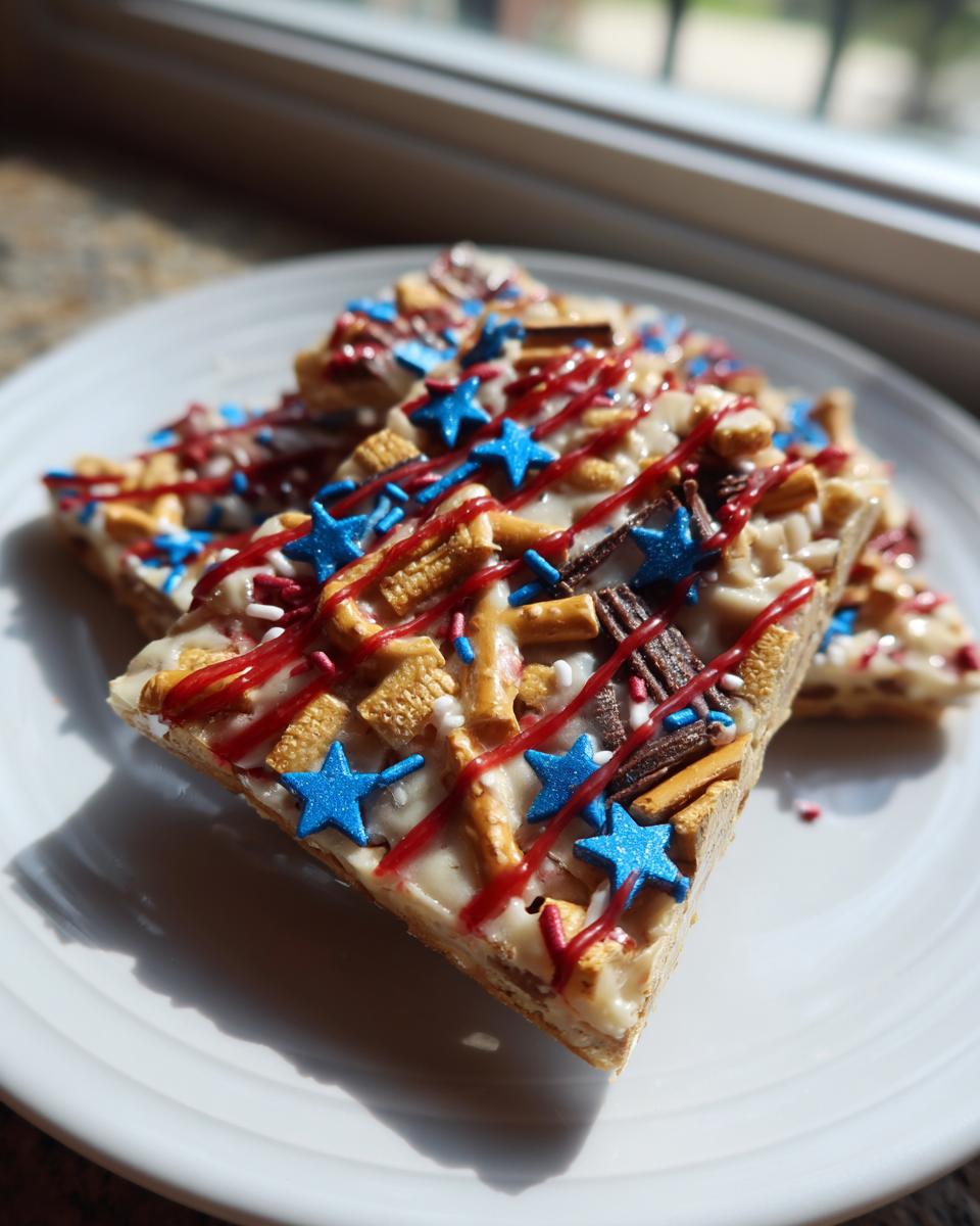 Slices of Fourth of July Desserts: Patriotic Snack Mix Bark topped with blue stars, pretzels, and red drizzle.