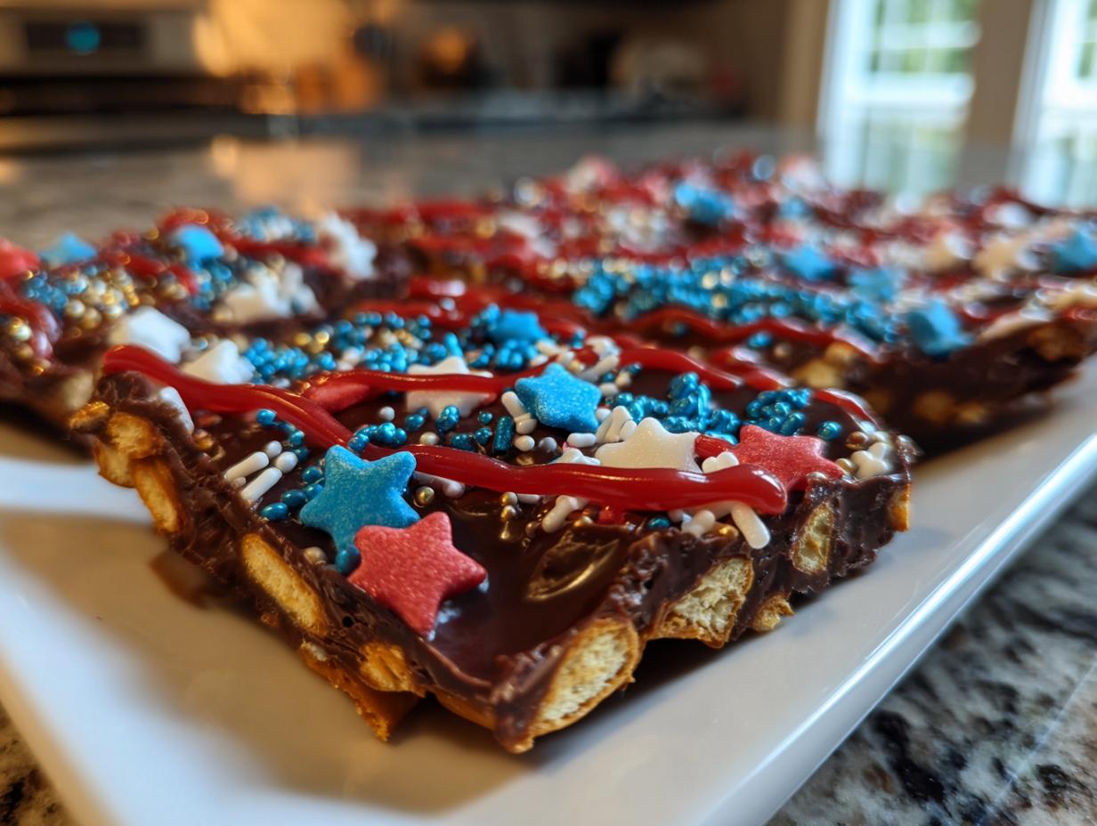Close-up of a slice of Fourth of July Desserts: Patriotic Snack Mix Bark, decorated with red, white, and blue sprinkles and star candies.