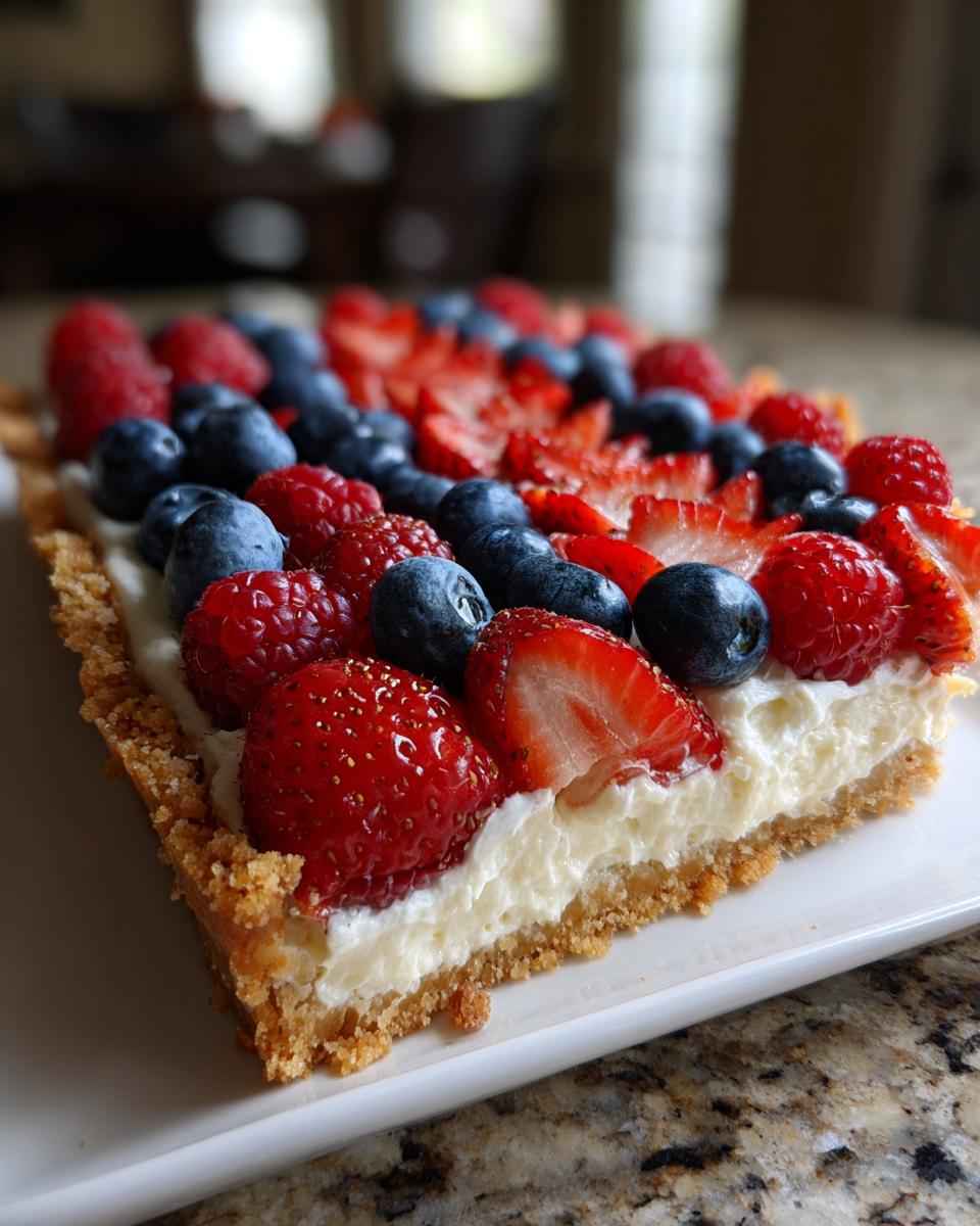 A slice of Fourth of July Flag Fruit Pizza on a cookie crust, topped with cream cheese and fresh berries.
