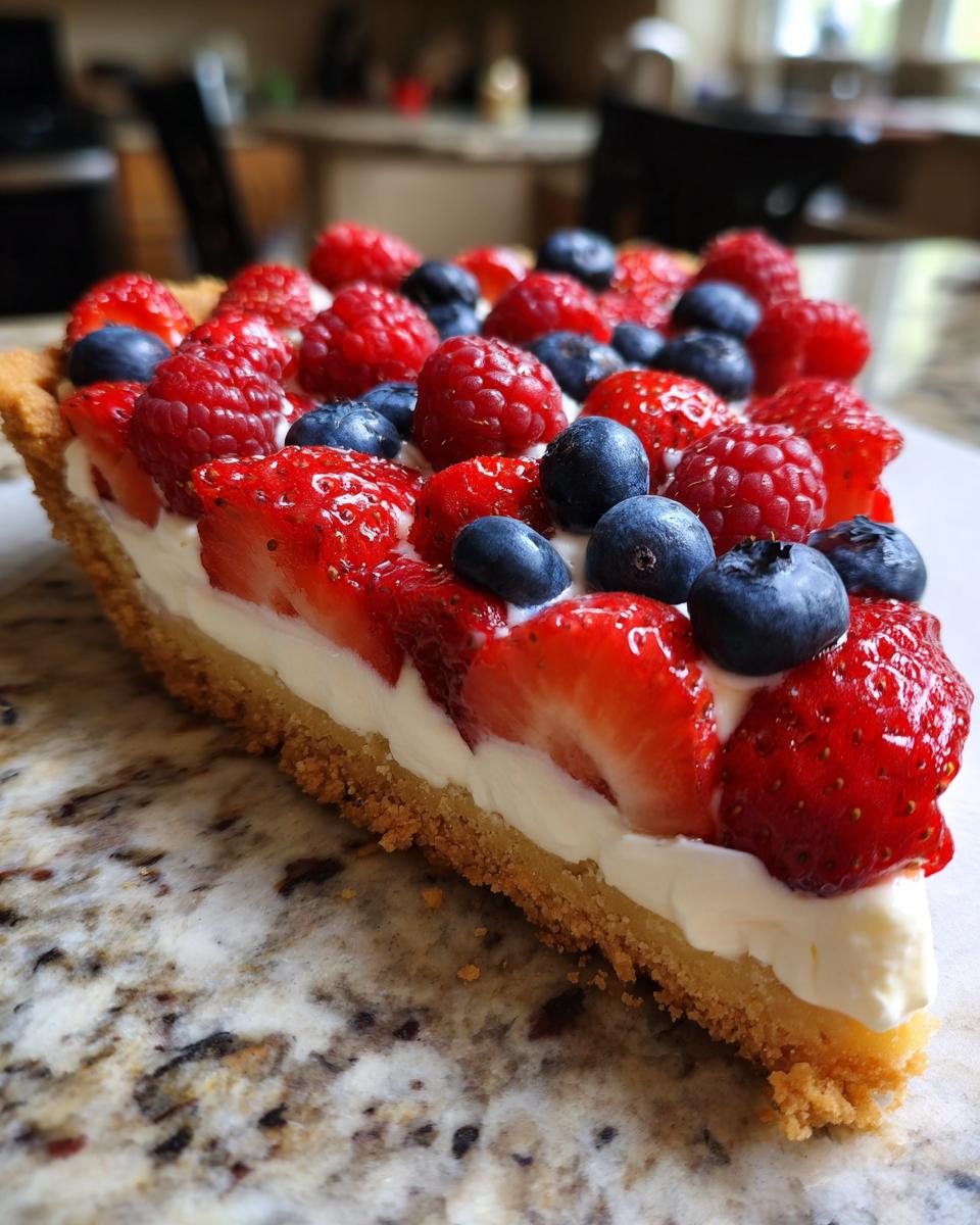 A slice of Fourth of July Flag Fruit Pizza on a cookie crust, topped with fresh strawberries, blueberries, and raspberries.
