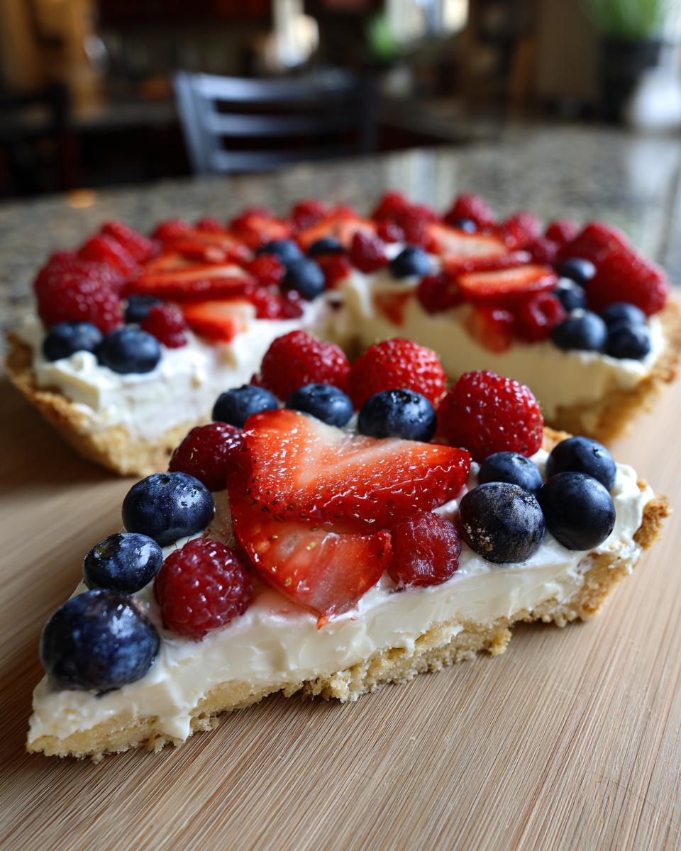A slice of Fourth of July Flag Fruit Pizza on a cookie crust, topped with cream cheese frosting and fresh berries.