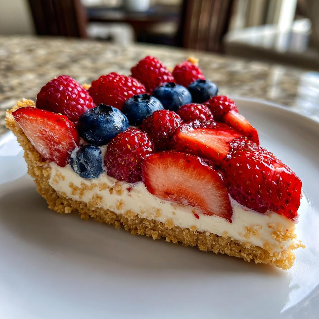 A slice of Fourth of July Flag Fruit Pizza on a cookie crust, topped with cream cheese filling and fresh strawberries, blueberries, and raspberries.