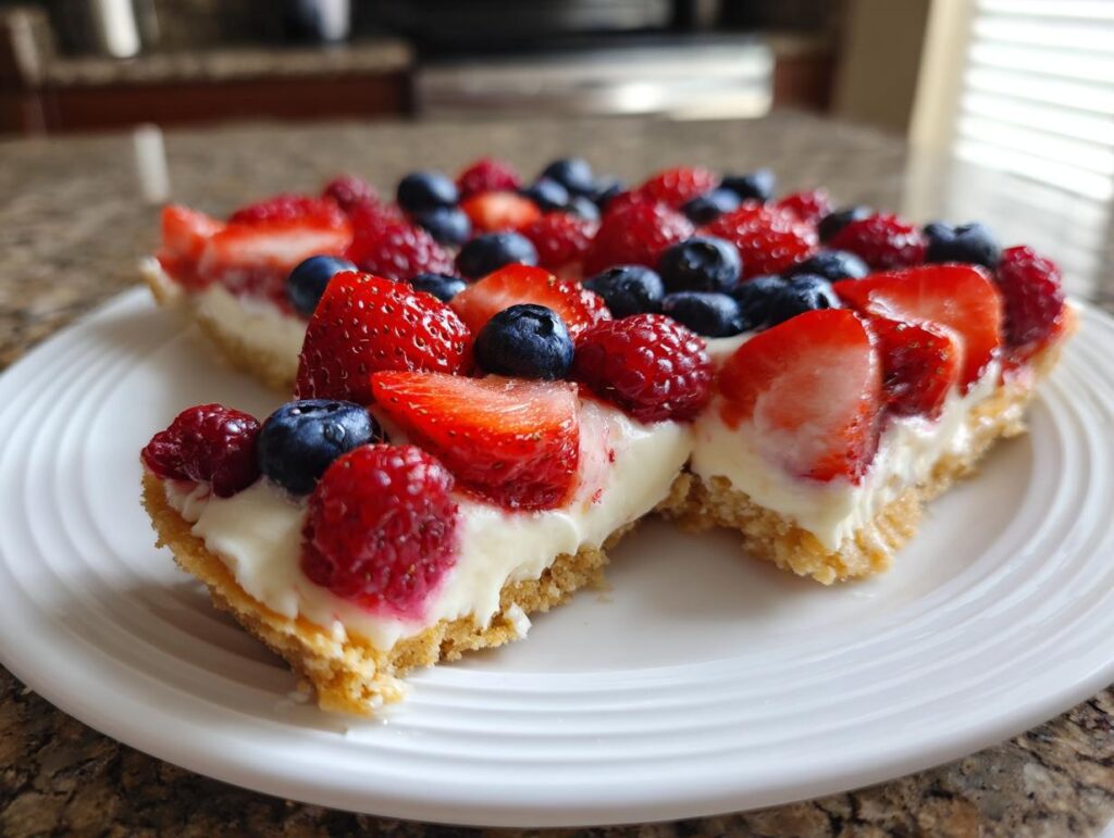 Close-up of two slices of Fourth of July Flag Fruit Pizza on a white plate, topped with strawberries, blueberries, and raspberries.
