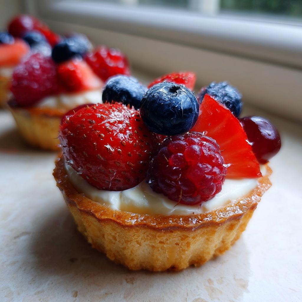 Close-up of a Fourth of July dessert tartlet filled with cream and topped with fresh strawberries, blueberries, and raspberries.