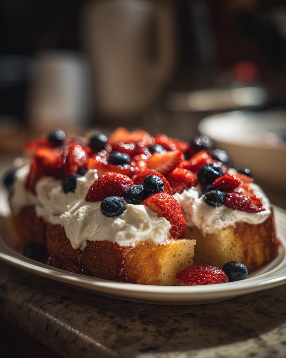 A slice of pound cake topped with whipped cream, strawberries, and blueberries, perfect for Fourth of July desserts.