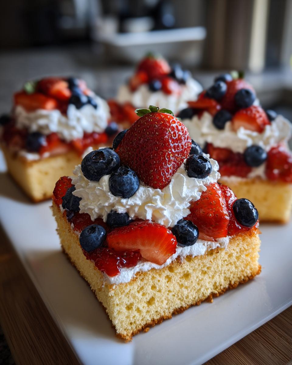 Close-up of a slice of pound cake topped with whipped cream, strawberries, blueberries, and jam, perfect for Fourth of July desserts.