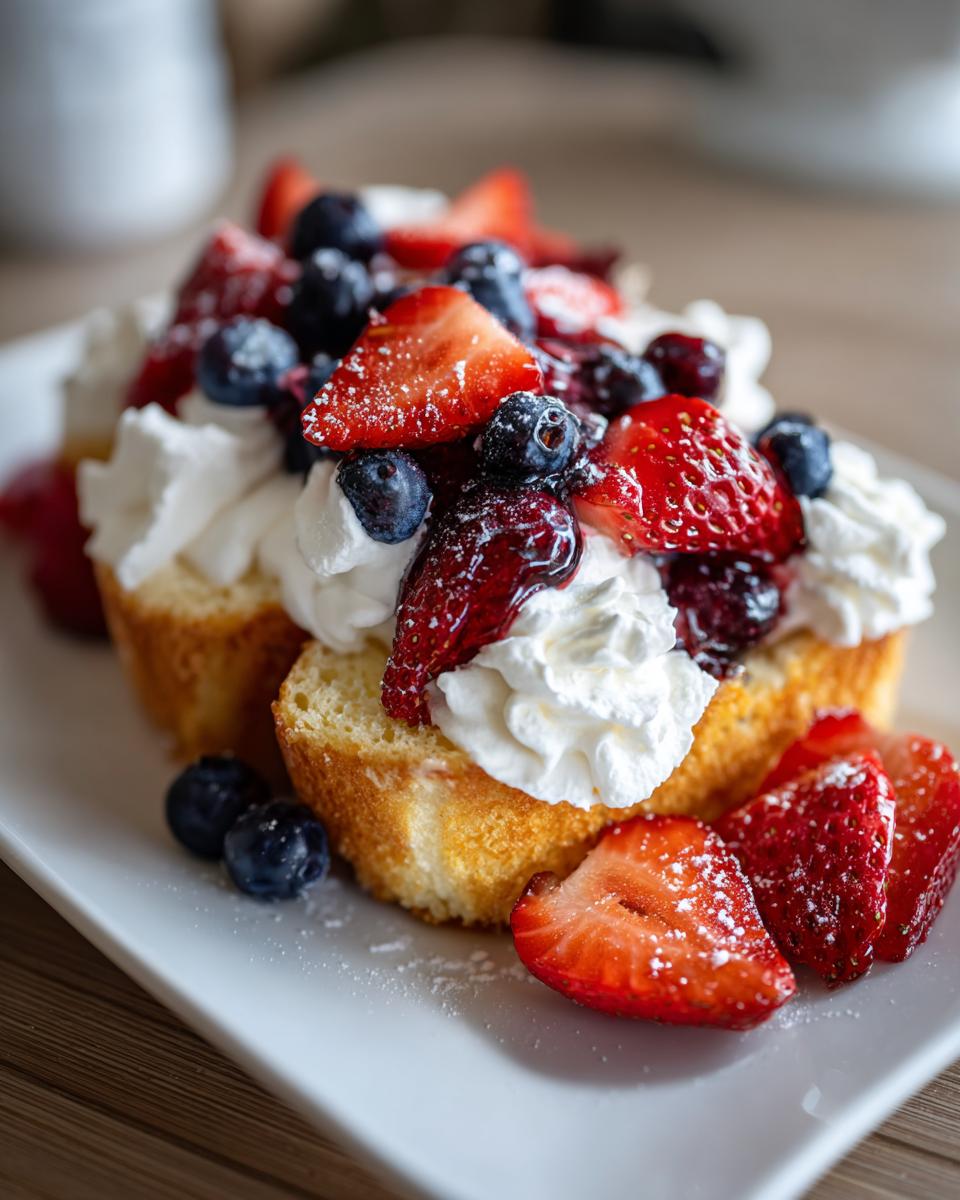 Two slices of pound cake topped with whipped cream, strawberries, blueberries, and a berry glaze, perfect for Fourth of July desserts.