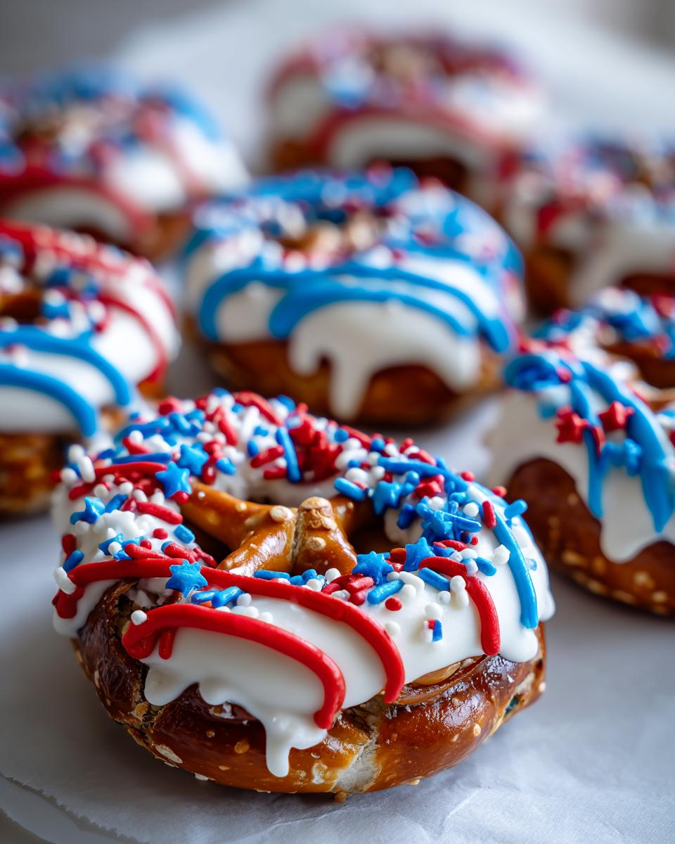 Close-up of a chocolate-covered pretzel with red, white, and blue sprinkles and icing, perfect for Fourth of July desserts.
