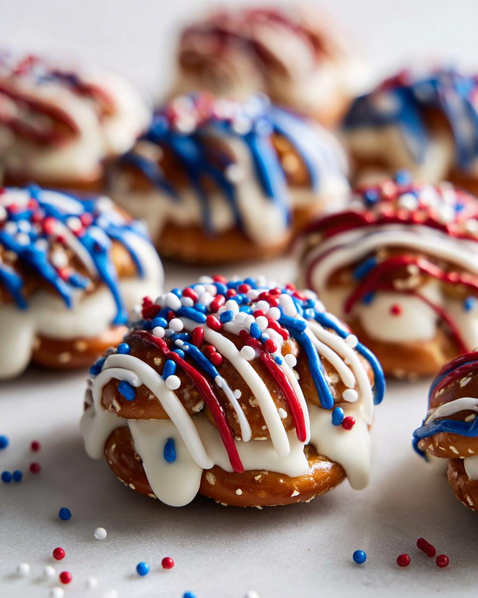 Close-up of festive Fourth of July pretzel treats, drizzled with white and colored chocolate and topped with red, white, and blue sprinkles.