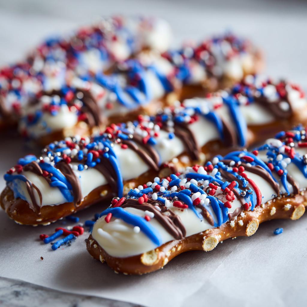 Close-up of Fourth of July desserts: pretzel rods dipped in white chocolate, drizzled with chocolate and blue icing, and covered in red, white, and blue sprinkles.