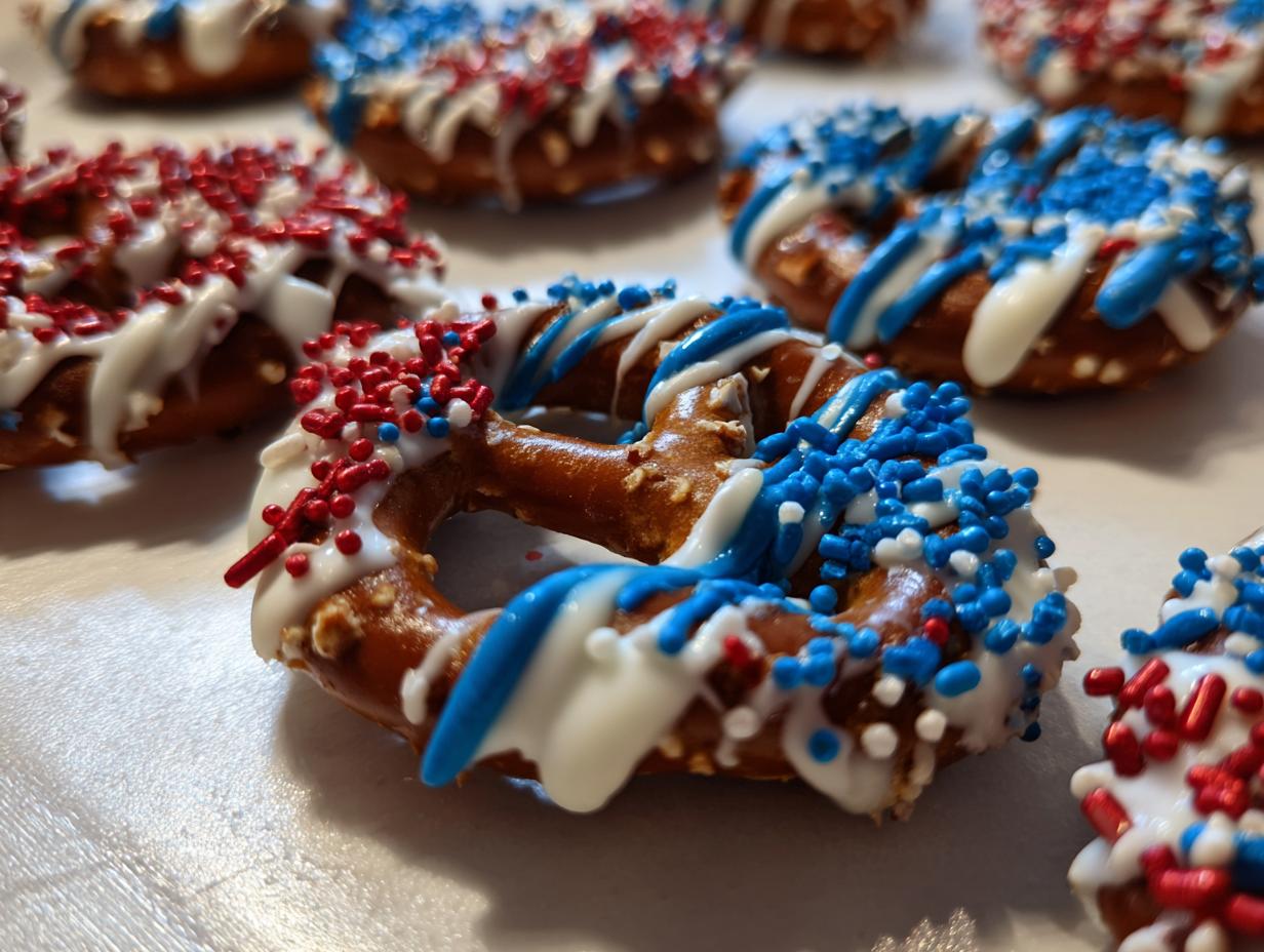 Close-up of festive Fourth of July pretzel treats dipped in white chocolate and decorated with red, white, and blue sprinkles.