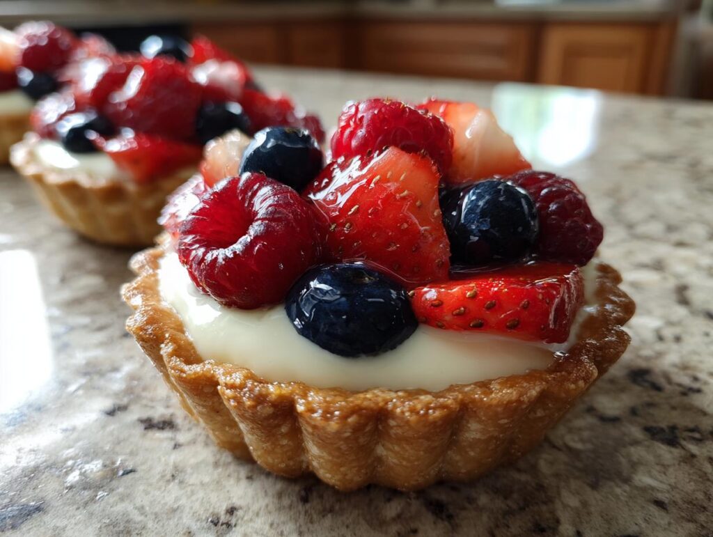 Close-up of a Fourth of July dessert: a mini tartlet filled with cream and topped with fresh strawberries, blueberries, and raspberries.