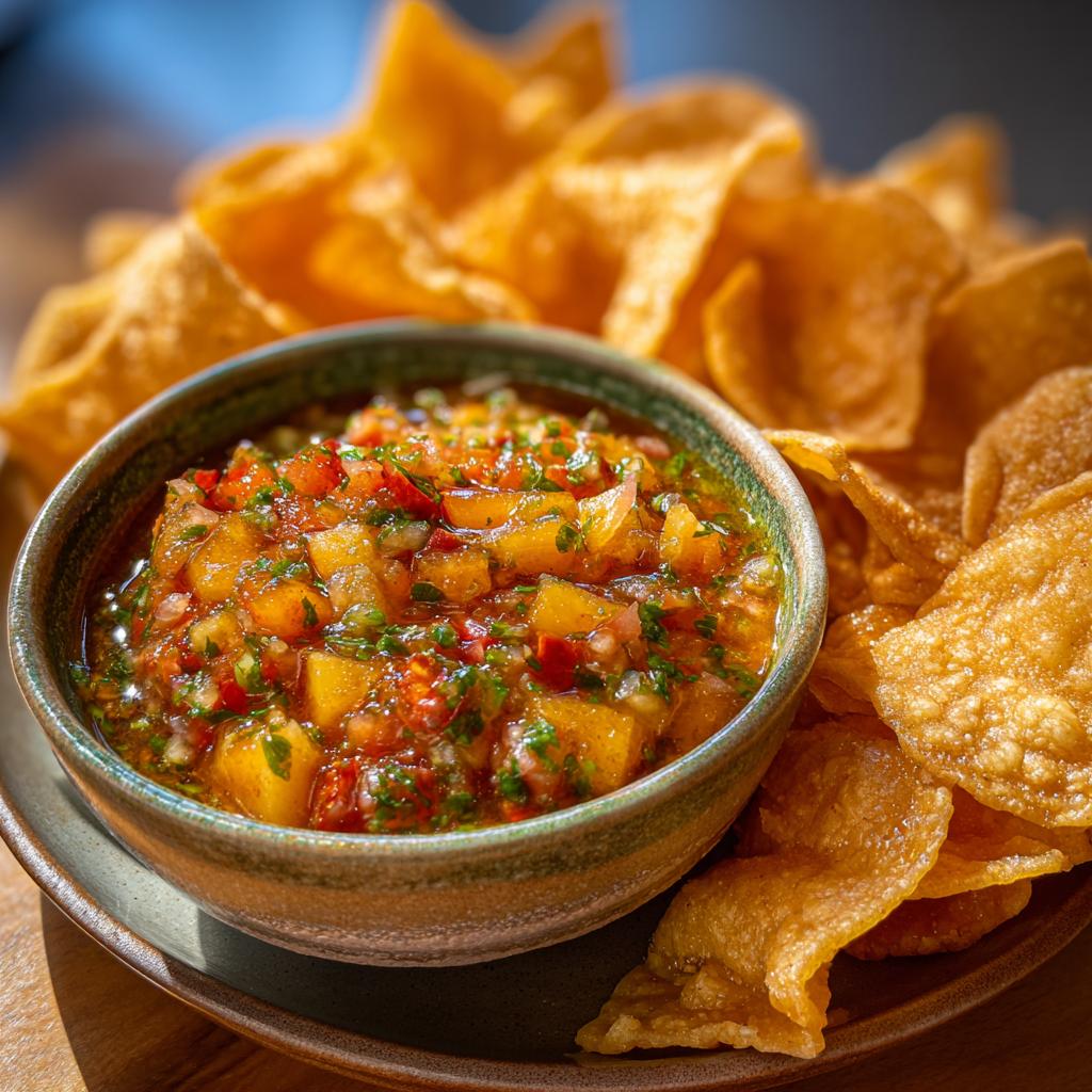 A close-up of a bowl of fresh peach salsa with diced peaches, tomatoes, and herbs, served with cinnamon chips.