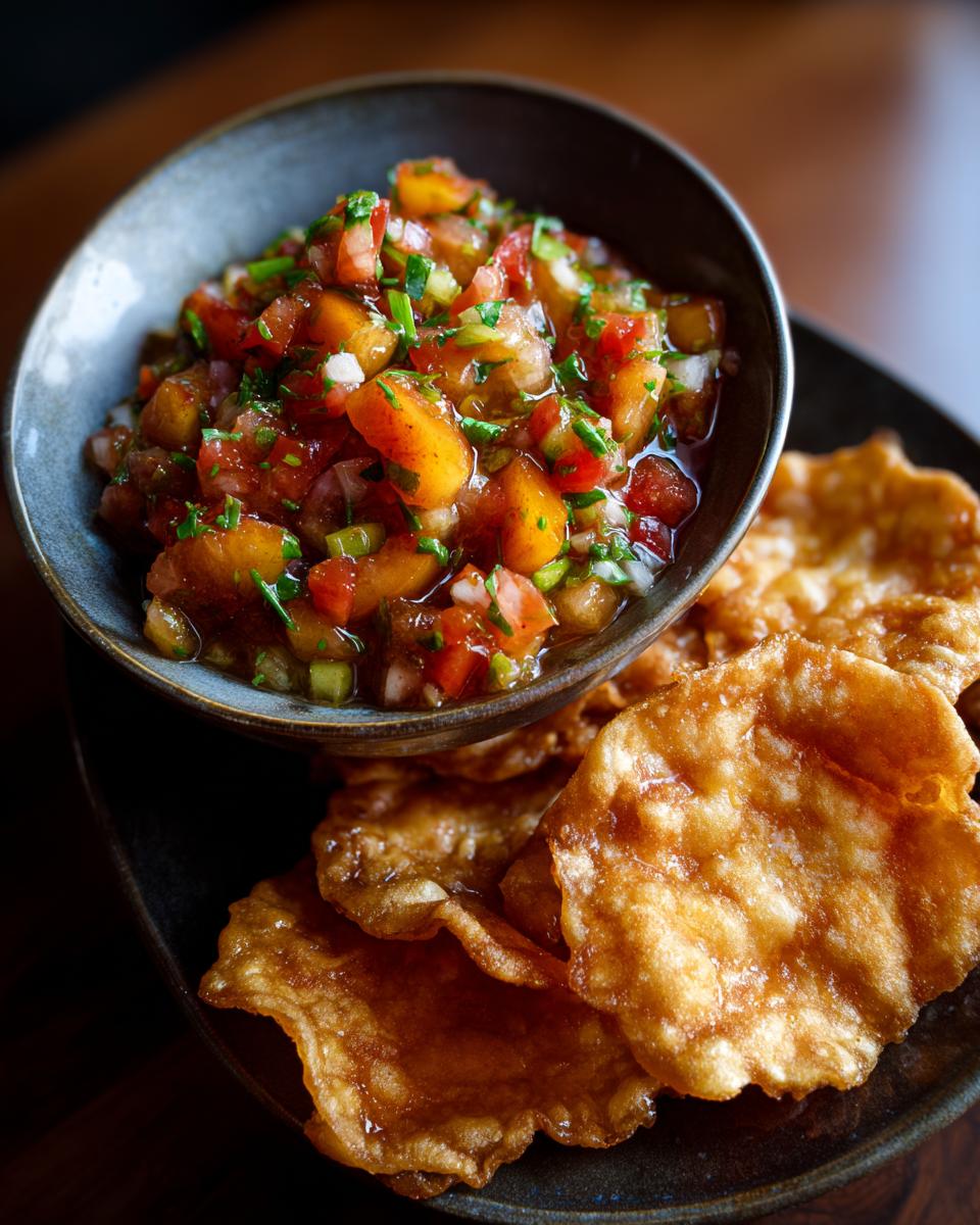 A bowl of fresh peach salsa with diced tomatoes, onions, and cilantro, served with crispy cinnamon chips.
