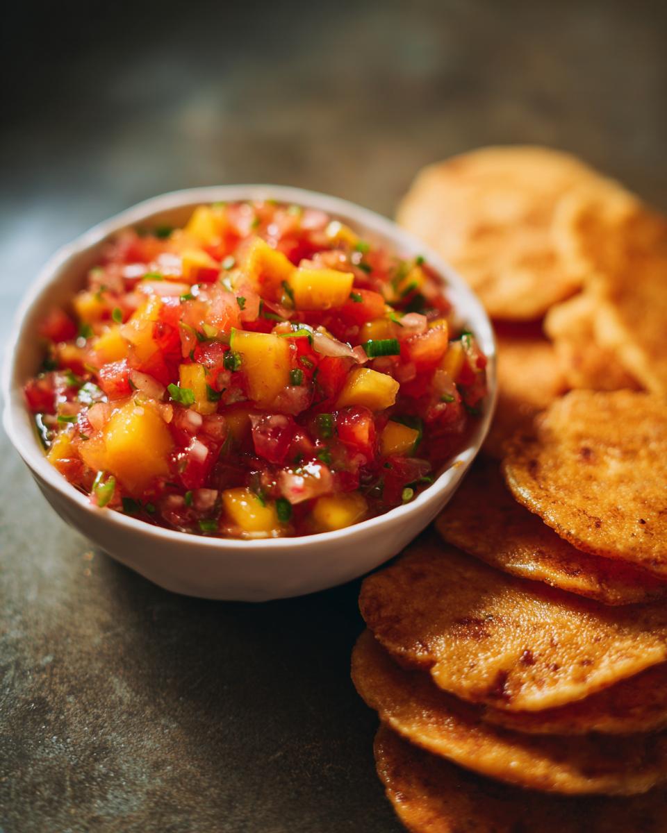 A bowl of fresh peach salsa next to a stack of cinnamon chips, perfect for peach recipes.