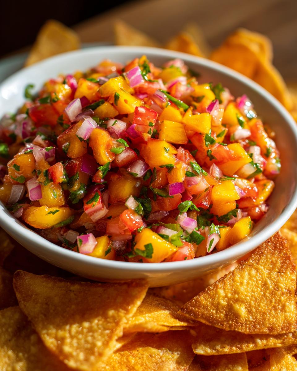 A bowl of fresh peach salsa with diced peaches, red onion, and cilantro, served with cinnamon chips.
