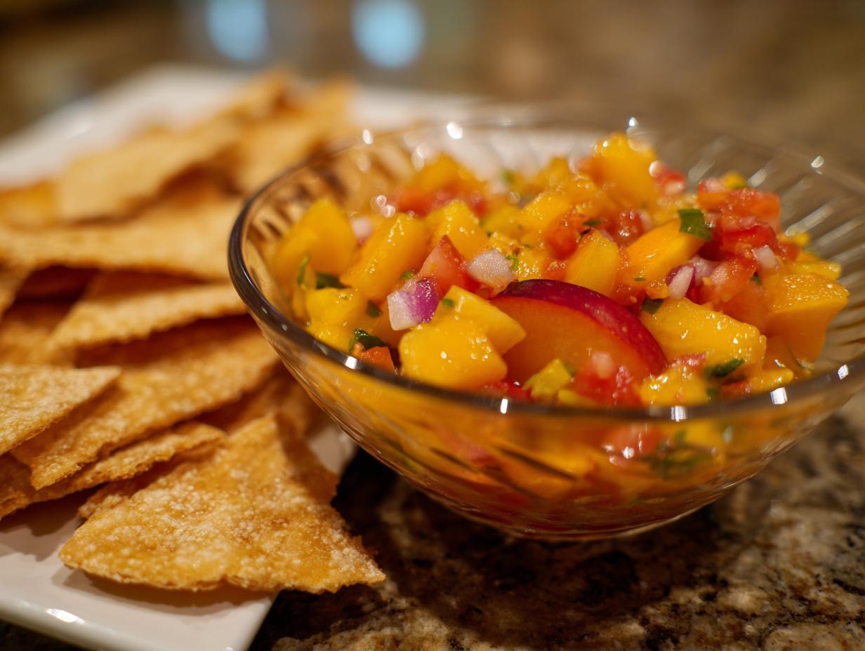 Close-up of fresh peach salsa in a bowl with cinnamon chips on the side.