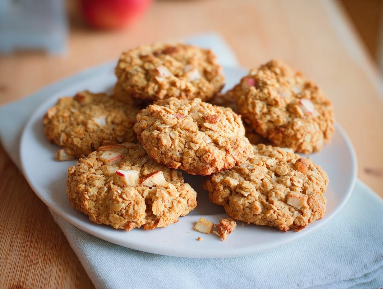 A pile of delicious Gesunde Apfel-Hafer-Kekse (healthy apple oat cookies) with visible apple chunks on a white plate.