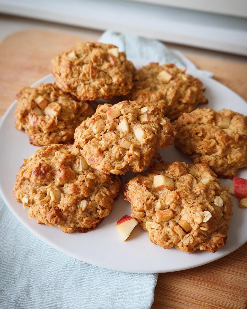 A stack of delicious Gesunde Apfel-Hafer-Kekse (Healthy Apple Oat Cookies) on a white plate, with visible apple chunks.